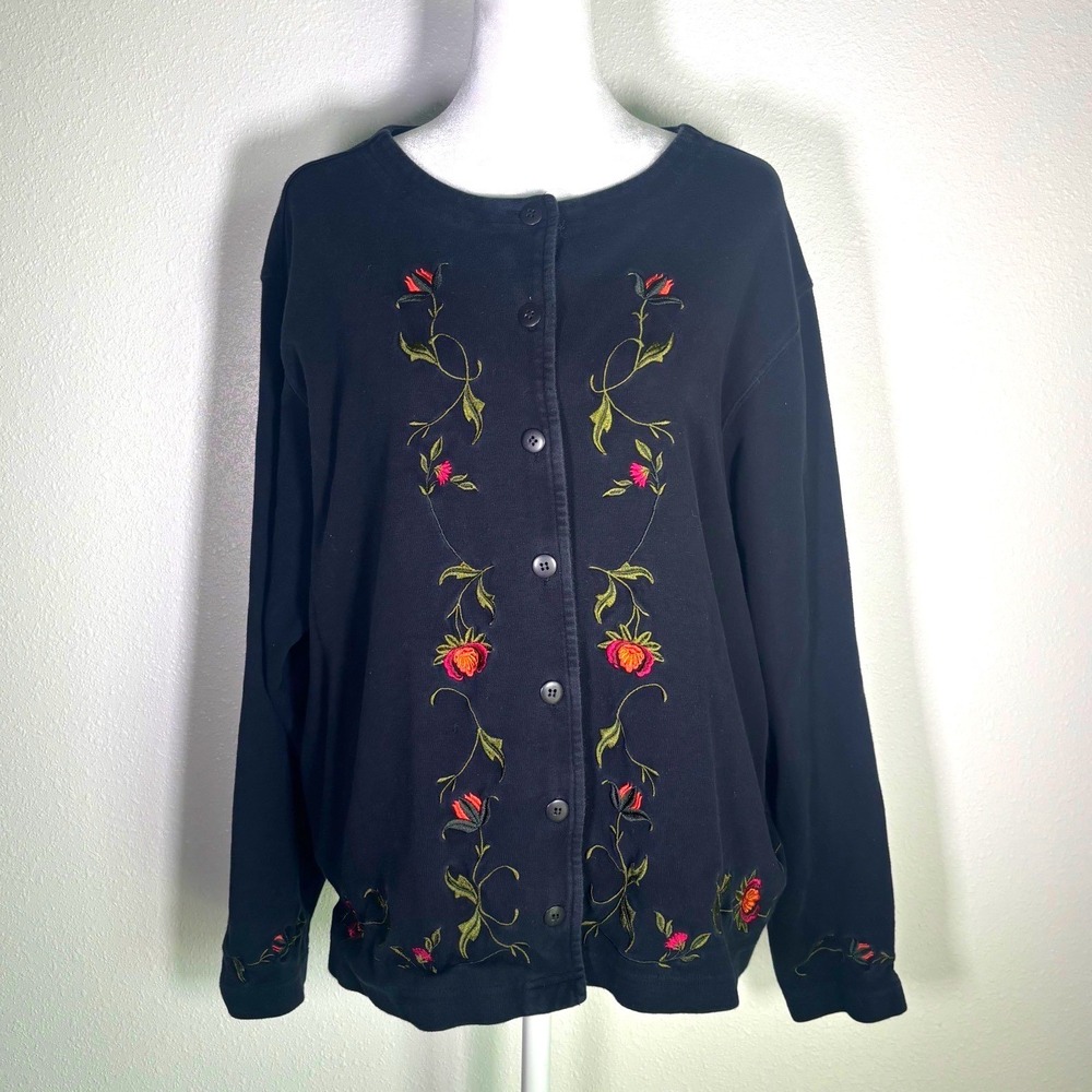Vintage Bechamel Black Floral Embroidered Cardigan XL Cotton Whimsigoth Top